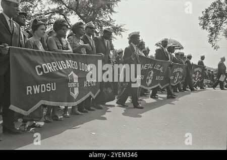 Des marcheurs portant des bannières syndicales, dont une portant la mention « Corrugated local RWDSU District 65, AFL-CIO » lors de la marche sur Washington. ÉTATS-UNIS. 28 août 1963 Banque D'Images