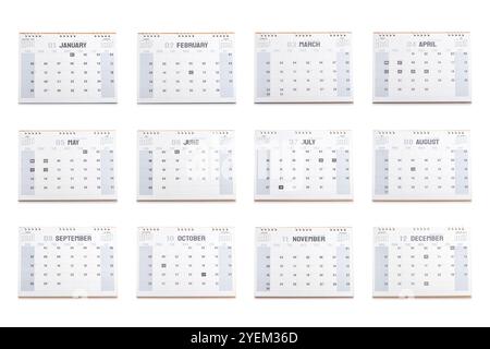 calendrier de bureau 2025 affichant tous les 12 mois, sur fond blanc. L'image symbolise la planification et l'organisation pour l'année à venir, emphas Banque D'Images