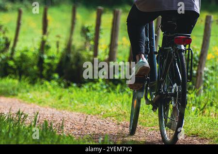 Balade paisible à vélo à travers une nature luxuriante, entourée d'arbres et d'air frais - un moment de détente et de liberté, embrassant la beauté du plein air. Banque D'Images