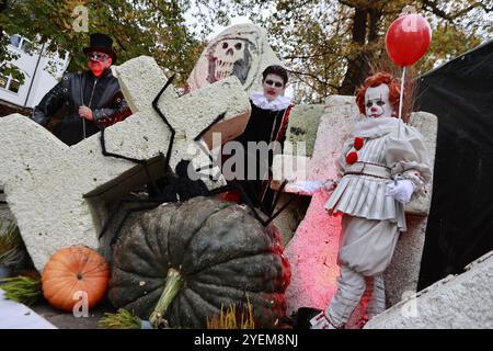 Thale, Allemagne. 31 octobre 2024. Un garçon (R) dans un costume de clown avec le nom Pennywise se tient dans le Kurpark Thale. Le festival d'Hexoween se tient ici pendant quatre jours. Une nouvelle fonctionnalité est un cours effrayant qui enseigne aux visiteurs comment avoir peur. Les autres points forts du week-end incluent un défilé de sorcellerie et un programme de scène coloré. Crédit : Matthias Bein/dpa/ZB/dpa/Alamy Live News Banque D'Images