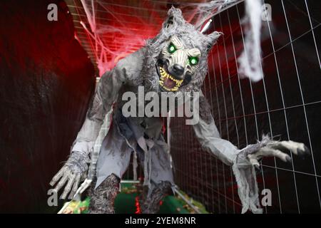 Thale, Allemagne. 31 octobre 2024. Vue d'une scène effrayante dans le parcours effrayant du Kurpark Thale. Le festival d'Hexoween se tient ici pendant quatre jours. Une nouvelle fonctionnalité est un cours effrayant qui apprend aux visiteurs à avoir peur. Les autres points forts du week-end incluent un défilé de sorcellerie et un programme de scène coloré. Crédit : Matthias Bein/dpa/ZB/dpa/Alamy Live News Banque D'Images