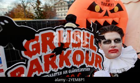 Thale, Allemagne. 31 octobre 2024. Un panneau avec l'inscription 'Grusel Parkour' (parkour effrayant) peut être trouvé dans le Kurpark Thale. Le festival d'Hexoween se tient ici pendant quatre jours. Une nouvelle fonctionnalité est un cours effrayant qui apprend aux visiteurs à avoir peur. Les autres points forts du week-end incluent un défilé de sorcellerie et un programme de scène coloré. Crédit : Matthias Bein/dpa/ZB/dpa/Alamy Live News Banque D'Images