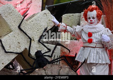 Thale, Allemagne. 31 octobre 2024. Un garçon dans un costume de clown avec le nom Pennywise se tient dans le Kurpark Thale. Le festival d'Hexoween se tient ici pendant quatre jours. Une nouvelle fonctionnalité est un cours effrayant qui enseigne aux visiteurs comment avoir peur. Les autres points forts du week-end incluent un défilé de sorcellerie et un programme de scène coloré. Crédit : Matthias Bein/dpa/ZB/dpa/Alamy Live News Banque D'Images