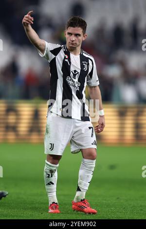 Turin, Italie. 30 octobre 2024. Francisco Conceicao de la Juventus FC fait des gestes lors du match de Serie A entre la Juventus FC et Parme au stade Allianz le 30 octobre 2024 à Turin, Italie . Crédit : Marco Canoniero/Alamy Live News Banque D'Images