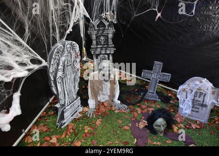 Thale, Allemagne. 31 octobre 2024. Vue d'une scène effrayante dans le parcours effrayant du Kurpark Thale. Le festival d'Hexoween se tient ici pendant quatre jours. Une nouvelle fonctionnalité est un cours effrayant qui apprend aux visiteurs à avoir peur. Les autres points forts du week-end incluent un défilé de sorcellerie et un programme de scène coloré. Crédit : Matthias Bein/dpa/ZB/dpa/Alamy Live News Banque D'Images