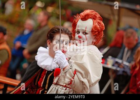 Thale, Allemagne. 31 octobre 2024. Un garçon dans un costume de clown avec le nom Pennywise se tient dans le Kurpark Thale. Le festival d'Hexoween se tient ici pendant quatre jours. Une nouvelle fonctionnalité est un cours effrayant qui enseigne aux visiteurs comment avoir peur. Les autres points forts du week-end incluent un défilé de sorcellerie et un programme de scène coloré. Crédit : Matthias Bein/dpa/ZB/dpa/Alamy Live News Banque D'Images