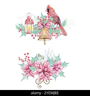 Arrangements aquarelle - oiseau de Noël cardinal rouge, avec brunch, baies rouges et arc, isolé. Bouquet de fleurs poinsettia rouge avec vert houx Banque D'Images
