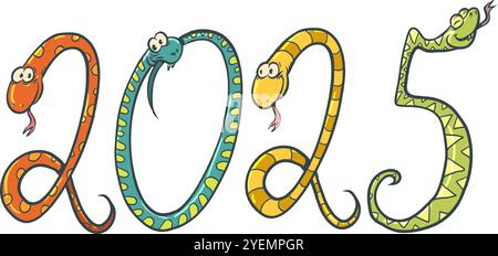 À venir nouvel an et Noël 2025. Numéros 2025 de serpents en l'honneur de l'année du serpent. Symbole de l'année à venir pour les entreprises. Bande dessinée Illustration de Vecteur