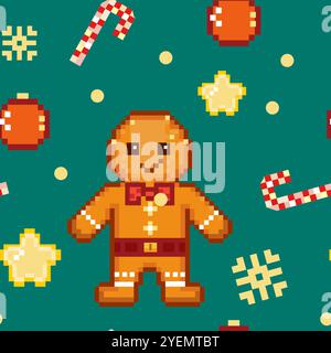 mignon motif pixel art homme en pain d'épice, flocons de neige, étoiles, sans couture Illustration de Vecteur