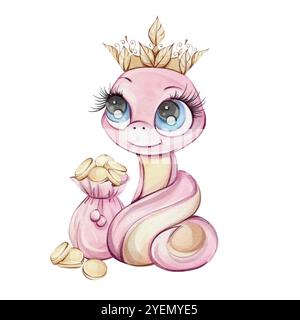 Adorable et charmante Pink Snake Princess ornée de pièces d'or chatoyantes et joyeusement souriante. Symbole richesse de Chines nouvel an 2025 dans mignon Illustration de Vecteur