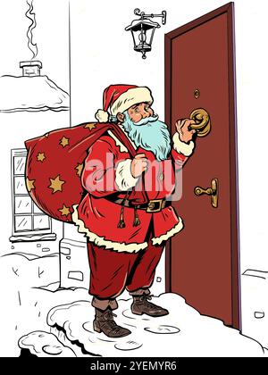 Livraison de cadeaux le nouvel an et Noël. Père Noël avec un sac près de la porte. Veille des fêtes et shopping en hiver. Illustration de Vecteur