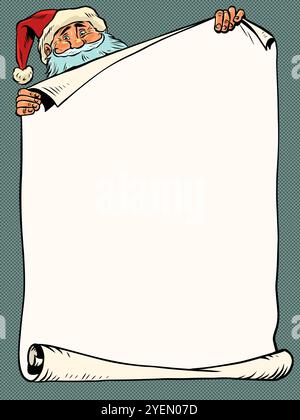 Liste de souhaits pour le nouvel an et noël. Père noël avec feuille blanche. Espace blanc pour la publicité en hiver. Pop Art rétro illustration vectorielle Kitsch VI Illustration de Vecteur
