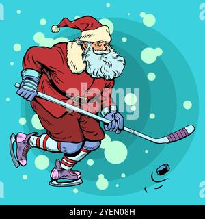Sports et activités d'hiver. Le Père Noël joue au hockey. Vente d'équipements sportifs pour le nouvel an et Noël. Illustration de Vecteur
