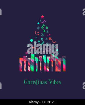 Icône vectorielle colorée Christmas Vibes Holiday Music. Événements musicaux en direct des vacances d'hiver. Piano, illustration de dessin animé d'arbre de Noël. Musiques de Noël Illustration de Vecteur