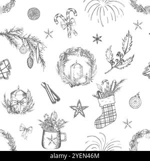 Modèle sans couture nouvel an et Noël bas, orange, branche d'épicéa, feux d'artifice, couronne. Illustration graphique. Utilisé sur papier d'emballage, sacs, dishe Banque D'Images