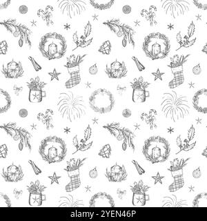 Modèle sans couture nouvel an et Noël bas, orange, branche d'épicéa, feux d'artifice, couronne. Illustration graphique. Utilisé sur papier d'emballage, sacs, dishe Banque D'Images