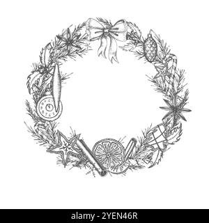 Couronne de Noël nouvel an bas, mandarine, cannelle, jouets, cookie, branche d'épicéa, feux d'artifice. Illustration graphique. Utilisé sur papier d'emballage, sacs, d Banque D'Images