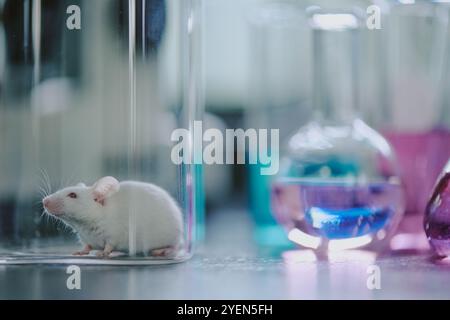 Souris blanche à l'intérieur d'un laboratoire avec diverses verreries en arrière-plan, y compris des béchers avec des liquides colorés. Le cadre suggère l'expérimentation scientifique et la recherche Banque D'Images