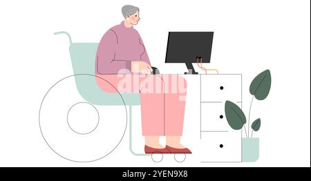 Concept de lieu de travail inclusif. Femme âgée sur un fauteuil roulant travaillant à un bureau d'ordinateur. Accessibilité et diversité dans l'emploi. Illustration vectorielle. Illustration de Vecteur