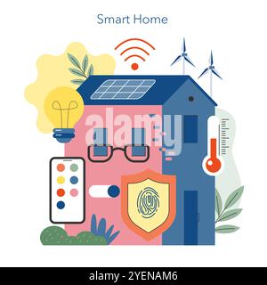 Concept Smart Home. Technologie d'automatisation pour l'efficacité énergétique et la sécurité résidentielles. Énergie renouvelable, contrôle à distance et protection. Illustration vectorielle. Illustration de Vecteur