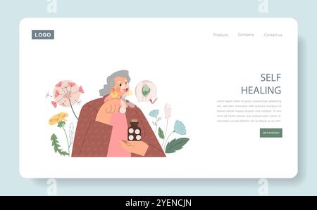 Concept d'homéopathie. Femme embrasse la guérison naturelle, entourée d'herbes, tenant des pilules homéopathiques. Approche de la médecine alternative. Illustration vectorielle. Illustration de Vecteur