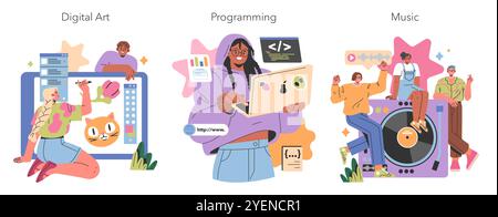 Set Hobbies Gen Z. Jeunes adultes engagés dans l'art numérique, la programmation et la production musicale. Créativité et technologie fusionnent dans les passe-temps des jeunes. Illustration vectorielle. Illustration de Vecteur