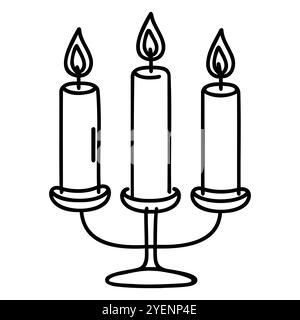 Trois bougies dans un chandelier, un dessin au trait continu. Isolé sur fond blanc. Style minimaliste vectoriel. Illustration de Vecteur