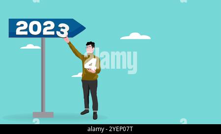 homme enlevant le numéro 3 et le remplaçant par le numéro 4 pour le rendre 2024 pour célébrer la nouvelle année, bonne année 2024 conception plate Illustration de Vecteur