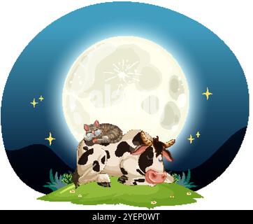 Vache et chat se reposant sous une lune brillante Illustration de Vecteur