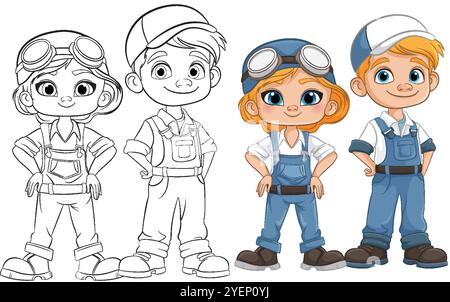 Deux enfants en tenue mécanique, colorés et délimités Illustration de Vecteur