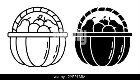 Icône linéaire. Panier en forme de demi-citrouille avec manche en osier rempli de fruits fraîchement cueillis, pommes et poires. Isol vectoriel noir et blanc simple Illustration de Vecteur