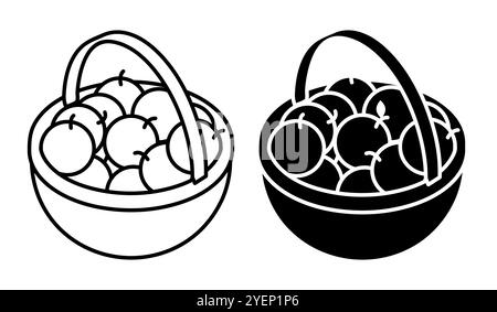 Icône linéaire, panier isométrique avec poignée remplie de pommes de fruits fraîchement cueillies. Récolte de fruits d'automne. Vecteur noir et blanc simple isolé sur wh Illustration de Vecteur