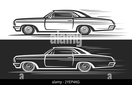 Logo vectoriel pour la voiture musculaire, bannières horizontales automobiles avec illustration de la tige chaude de style rétro monochrome dans le mouvement, illustration décorative de la course Illustration de Vecteur