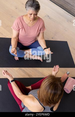 Amies seniors pratiquant le yoga ensemble sur des tapis, méditant et se relaxant à la maison. Bien-être, exercice, méditation, relaxation, flexibilité, bala Banque D'Images