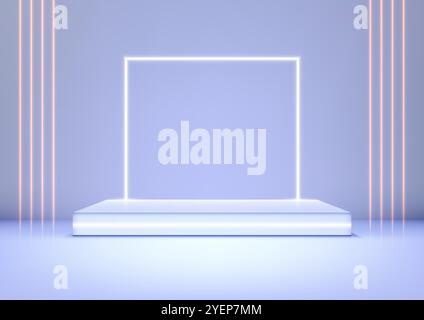 Podium blanc futuriste en 3D avec cadre carré néon sur un sol réfléchissant, présentoirs de produits technologiques, maquettes modernes et vitrines. Propre, minimal Illustration de Vecteur