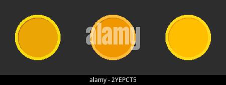 Jeu d'icônes Pixel Art Golden coins. Collection de signes de pièces dorées pixelisées. Pièces jaunes et orange dans le style Pixel Art. Illustration vectorielle isolée Illustration de Vecteur