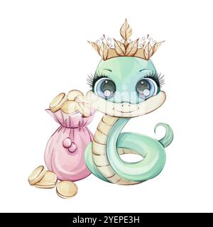 Un charmant personnage de serpent couronné parmi les trésors colorés, parfait pour tous les âges. Richesse de symbole de Chines nouvel an 2025 dans le style mignon de bande dessinée pour Illustration de Vecteur