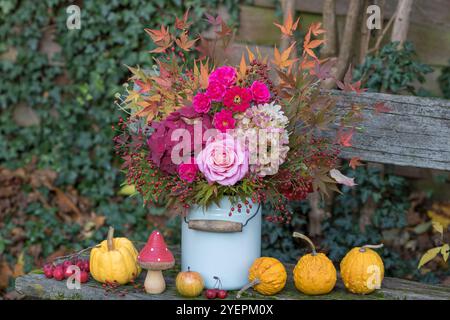 bouquet de roses, fleurs d'hortensia, hanches de rose et branches d'érable dans un pot à lait vintage et citrouilles dans le jardin d'automne Banque D'Images