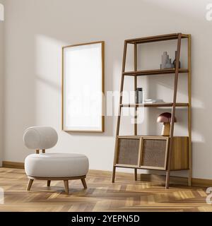 Chambre minimaliste livinig avec mobilier moderne. Maquette de cadre d'affiche dans un intérieur de style scandinave. Illustration 3D. Banque D'Images