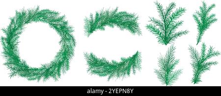 L'ensemble de sapin dessiné à la main comprend une couronne, un cadre, des brindilles et des grappes de branches de sapin et de pin. Éléments de conifères traditionnels pour Noël et nouvel an Illustration de Vecteur