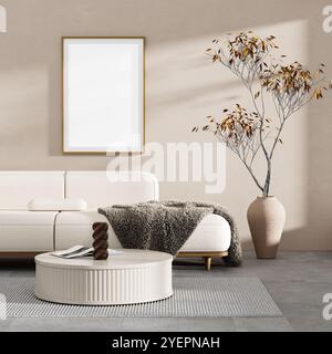 Chambre minimaliste livinig avec mobilier moderne. Maquette de cadre d'affiche dans un intérieur de style scandinave. Illustration 3D. Banque D'Images