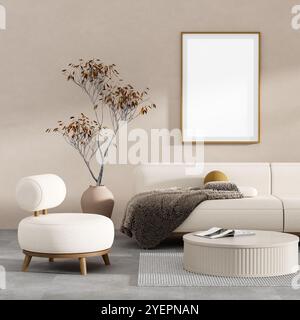 Chambre minimaliste livinig avec mobilier moderne. Maquette de cadre d'affiche dans un intérieur de style scandinave. Illustration 3D. Banque D'Images