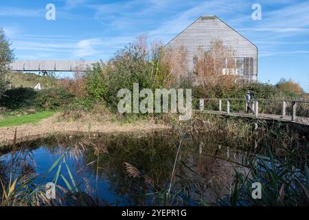 WWT Welney Wetland Centre, vue sur le centre d'accueil et le pont de la réserve naturelle Wildfowl and Wetlands Trust à Norfolk, Angleterre, Royaume-Uni Banque D'Images