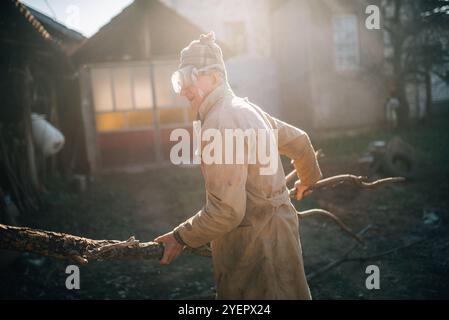 Gros plan d'un vieil homme dans son jardin portant une branche d'arbre. Banque D'Images