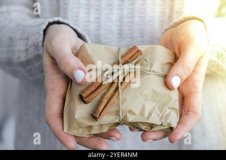 Une femme donne une boîte avec des cadeaux du nouvel an, enveloppée dans du papier artisanal et décorée de bâtons de cannelle. Concept de vacances et de cadeaux. Fait à la main écologique a Banque D'Images