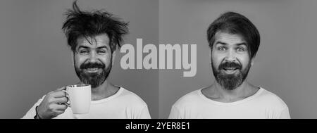 Bonjour. Homme avec tasse de thé. Hipster homme avec tasse de café. Homme barbu avec tasse après bonjour. réveil matinal. Mans tient une tasse de café Banque D'Images