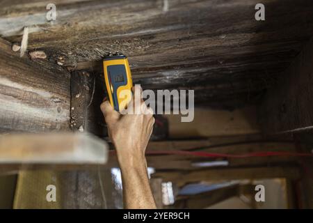 Un inspecteur à la maison de l'environnement est considérée close-up au travail, à l'aide d'un humidimètre électronique afin de déceler les signes de l'humidité et la pourriture dans el structuraux en bois Banque D'Images