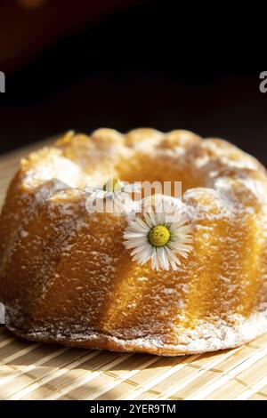 Capcake décoré de fleurs de camomille dans le style rustique. Photo authentique. Fond de carte de vœux de Pâques concept. Sun rays fait maison. Somme Banque D'Images