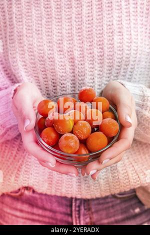 Les mains des femmes tiennent le bol avec les tomates cerises congelées. Préservation des légumes. Récolte. Végétalisme, alimentation saine végétarienne. Régime de remise en forme Banque D'Images