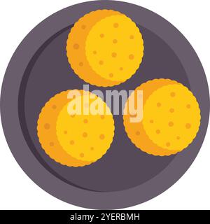 Assiette ronde foncée tenant trois biscuits dorés avec des trous, tiré par le haut Illustration de Vecteur